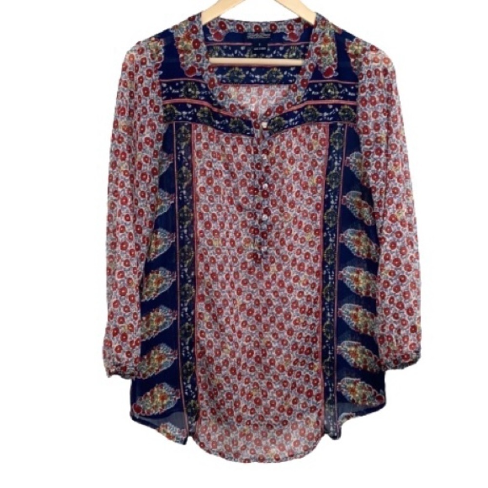 Lucky Brand blouse peasant floral semi sheer small